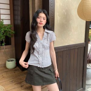 Elegant French Style V-Neck Plaid Short Sleeve Shirt