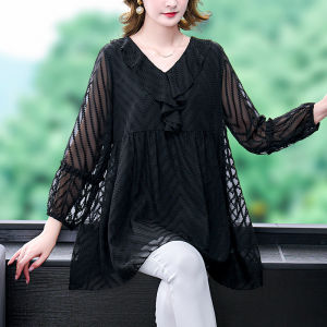 Elegant Oversized Womens Chiffon Top Long Sleeve Floral Print V-Neck Mid-Length T-Shirt Korean Style Commute Lace Fabric