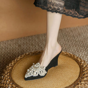 Womens High Heel Mule Slippers Summer New Style Outwear Thick Bottom Pointed Toe Slope Heel Slippers Korean Version Fashionable