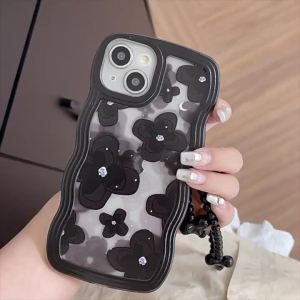 casing Black Heart Butterfly Wave Phone Case For iPhone 16 Pro Max 15 14 13 12 11 Pro Max XR 8 7 Plus With Lanyard Shockproof Anti Drop TPU Full Cover Protective Case