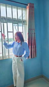 Áo Sơ Mi Nữ Kẻ Sọc Tay DàiTay Phồng Phối Cổ Trắng Cực Xinh AM84