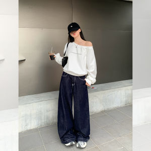 Song Zhengen White Letters Print Oblique Shoulder Sweatshirt Female New Arrival Sweet and Spicy Loose Korean Style Long Sleeve Autumn Outerwear Top