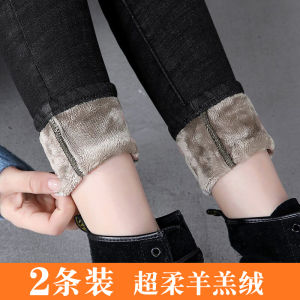 กางเกงยีนส์ทรงเข้ารูปเอวสูงสำหรับผู้หญิง กางเกงขายาวทรงเข้ารูป ความหนาแน่น 9 เซนติเมตร ผ้าขนแกะ ฤดูใบไม้ร่วง/ฤดูหนาว