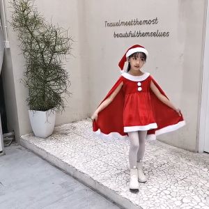 ชุดแซนตี้เด็ก คริสต์มาส ชุดกระโปรง มีผ้าคลุม พร้อมหมวก พร้อมส่ง x-mas