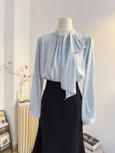 French Elegant Long Sleeve Satin Shirt Womens Stand Collar Sash Acetate Top Spring Versatile Commute Shirt Loose Fit Asymmetrical