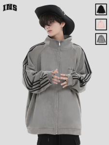 Striped Suede Fleece Collar Zipper Loose Casual Jacket Male