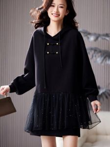 New Chinese Style Trendy Hoodie Dress with Lace Splicing And Button Design Autumn Season A-Line Skirt Polyester Fiber Dress
