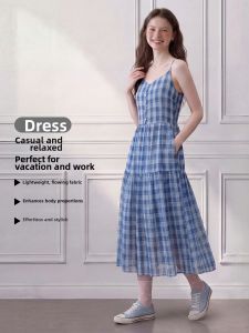 LIDIA | Korean Style Blue Checkered Slim Fitting Long Dress