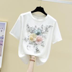 Pure Cotton Short Sleeve Embroidered Floral T-Shirt Womens Summer Top Commute Style Korean Version Straight Cut