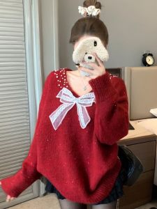 GUZILIAN | Elegant French Bow Beaded V-Neck Long Sleeve Loose Knit Sweater