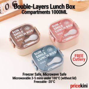 Lunch Box | Kotak Makan 1000ml Double Layer PP5 Food-Grade | Leak Proof Microwave Safe with Free Utensils for Office School and Meal Prep High Quality Durable BPA-Free Non-Toxic Portable Square Bento Box | PriceKini