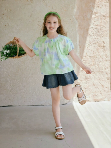 XIANGYING | Pure Cotton Green Short Sleeve Blouse