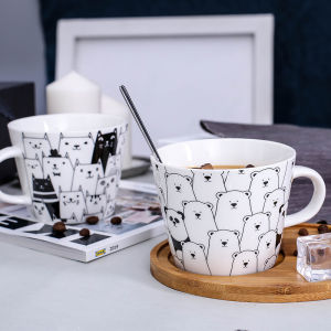 Black and White Creative Coffee Cup Cute Ceramic Cup Female Household Mug with Cover Spoon Breakfast Cup Microwaveable
