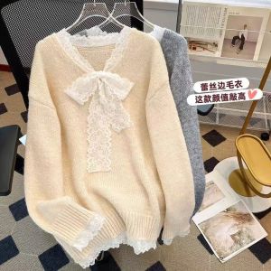 French Elegant Lace Butterfly Knot Splicing Design Sweater Womens Spring Autumn Sweet Knitted Long Sleeve Top V-neck Button-up
