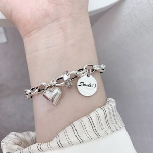 South Korea Ins Special-Interest Design 925 Sterling Silver Smiley Face round Brand Heart Bracelet Minimalist Fashion Thick Chain Wristband Bracelet