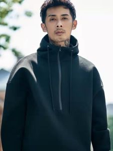 2024 ฤดูใบไม้ร่วงHoodedเสื้อกันหนาวบุรุษหลวมFitผ้าฝ้ายผ้าฝ้ายคู่Hooded Topsครึ่งซิปOuterwearอินเทรนด์สีทึบ