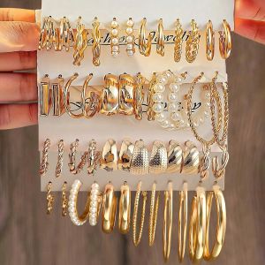 Fashion Geometric Hoop Earring Twisted Pattern Multi-Element Inlaid Imitation Pearl C-shaped Earring Womens Daily Party Jewelry