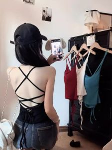 Áo Ba Lỗ Không Dây Khoét Sâu Hở Lưng Cho Nữ Mùa Hè Áo Ngực Một Mảnh Có Đệm Ngực Áo Khoác Ngoài Áo Ba Lỗ Không Dây U-neck Polyester