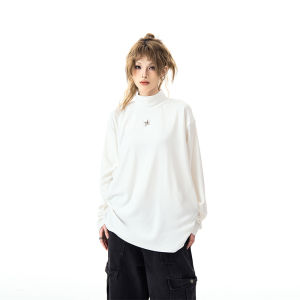 Damon Island Original Design Long Sleeve T-Shirt Metal Pure Cotton Solid Color Half High Collar Womens Street Style Loose Fit