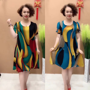 ฤดูร้อน แม่สไตล์ใหม่ ผ้าชีฟอง Midi คอกลม หลวม พรางหุ่น ระบายอากาศได้ดี เครือข่ายความเย็น เดรส ผู้หญิง ชุดทํางานลายทางแฟชั่น