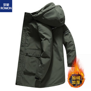 Romon Autumn and Winter plus Size Mens Duster Mid Length Long Length Plus-Size Fleece-lined Thickened Cotton-Padded Coat Loose-Fitting Workwear Jacket