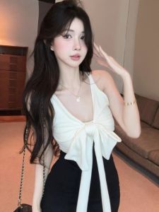 GUZILIAN | Summer Butterfly Knot V-neck Strap Vest Womens Slim Fit Color Block Short Style Korean Commute Knitted Top Short Outerwear