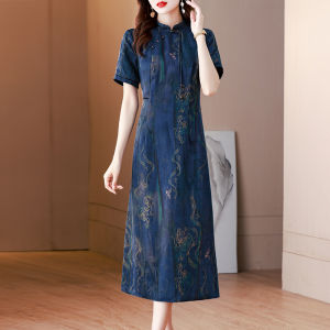 Elegant Short Sleeve Midi Dress Sha Yun Silk Womens Summer Fashion Slimming Chinese Style Mommy Dress High Waist A-Line Skirt