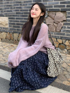 Blue Floral Print A-Line Mini Skirt Korean Style Spring Summer New Casual Lazy Style Womens Skirt High Waist Cake Skirt