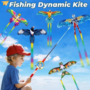 DIY Plastic Dynamic Kites Lightweight Easy Control Fishing Rod Kites Cartoon Long Tail Kites Kids Gift