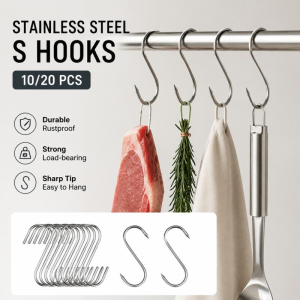 10/20Pcs Stainless Steel S Hooks with Sharp Tip Utensil Meat Clothes Hanger Hanging Hooks for Butcher Shop Kitchen Baking Tools