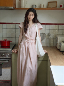 seemon | Summer Korean Commuter Long Pink Bubble Sleeve Dress
