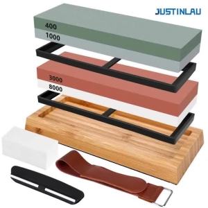 JUSTINLAU | JUSTINLAU 400/1000 3000/8000 Mesh Professional Knife Sharpening Stone Kit Non-slip Bamboo Base Double-side Knife Whetstone Tools