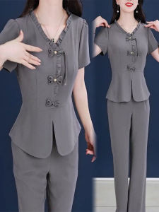 Slimming Casual Style Womens Fashion Set with Button Short Sleeve Top And Micro Flared Pants Traditional National Style Two Piece Set