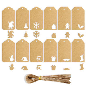 48Sets Christmas Gift Tags Vintage Kraft Paper Tags Hollow Xmas Tree Reindeer Hanging Labels with String for Holiday Gift Wrap