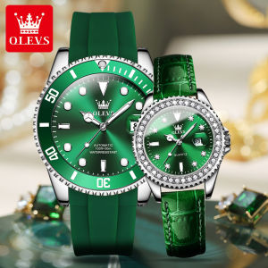 OLEVS 2022 New Fashion Causal Couple Watch Set Original Watches For Men And Women Christmas Gift waterproof Stainless Steel Strap Leather Strap Elegant Green