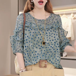 Shalldoer | Fashionable Polka Dot Ruffle Sleeve Short Sleeve Shirt Womens Unique Summer Casual Style Slim Fit Round Neck Print Top