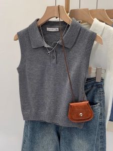 Áo Len Dệt Kim Cổ Polo Dáng Rộng Ngắn Không Tay Màu Xám Cho Nữ Mùa Hè 2025 Phong Cách Hàn Quốc Thiết Kế Đơn Giản Thường Ngày