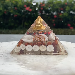 Laxmi Pyramid/Crystal Pyramid with Rudraksha/Shree Yantra/Gomati Chakra/White Kauri & Ratti Seeds for Vastu Money Wealth Good
