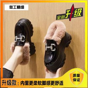 Closed Toe Thick Sole Half Slippers Womens Hidden Heel 10cm Fleece-lined Heel-Free Rhinestone Leather Shoes Platform Shoes Bean Bag Fur Slipper