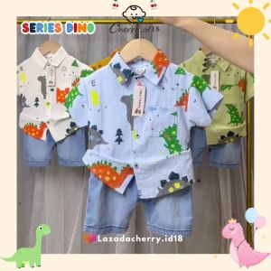 (Cherry) PROMO 9.9 Setelan Kemeja Anak Motif Dino Import Kemeja Anak Lengan Pendek Baju Anak Import