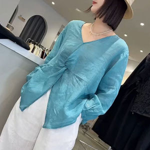 UYFY | Blue V-Neck Loose Fit Slimming Fashionable Long Sleeve Shirt