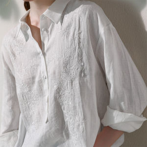Miccbeirn | Pure Linen Embroidered Long Sleeve Polo Collar Casual Womens Jacket Glitter Shirt Artistic Vintage Style Simple Outerwear