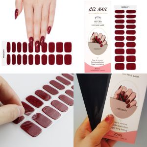 20Tips NG Semi-Cured Gel Nail Patch Pink Tulip Flower Adhesive Sliders Long Lasting Full Cover Nail Stcikers UV Lamp Need