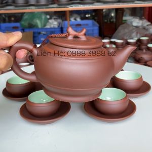Bộ Ấm Trà Bát Tràng Cao Cấp - Bộ Ấm Trống Chỉ Men Ngọc Đủ Phụ Kiện - Ấm Chén Nghệ Nhân Vương Mạnh Tuấn