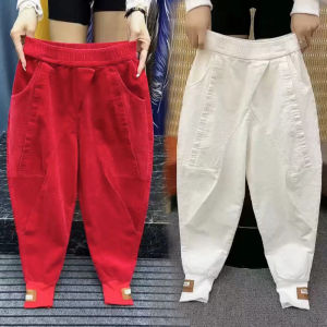 กางเกงขายาวทรงหลวมสไตล์ฮาราจูกุสีเหลืองคอร์ดูรอยทรงสลิมฟิตแฟชั่นสไตล์คุณพ่อ กางเกงขายาวทรงสลิมฟิตสำหรับผู้หญิง