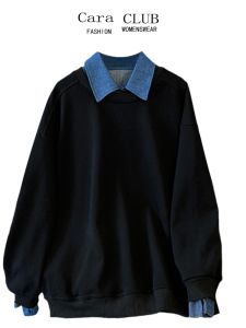 CaraCLUB Large Size Retro Polo Neck Long Sleeve Sweatshirt Women Loose Slimming Casual Base Layer Top Spring High Waist Loose Fit