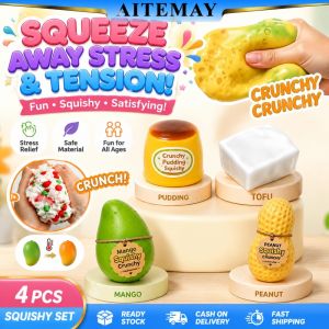 Aitemay Color Changing Squishy Stress Relief Set - Crunchy Fidget Toys with Caramel Pudding Peanut & Mango ASMR Sensory Squeeze Ball for Anxiety Relaxation