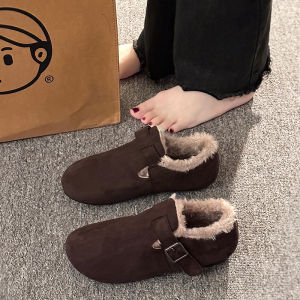 Retro Bean Bean Slippers Womens Winter Outdoor Wear Fleece Lined Thump Thump Shoes Warm Cotton Shoes Buckle Closure Casual