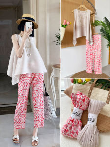 กางเกงลำลองพับชายทรงหลวมสำหรับผู้หญิงในช่วงฤดูร้อน กางเกงขายาวทรงหลวมสบาย ๆ สำหรับผู้หญิง กางเกงขายาวทรงกระบอกสีชมพูดอกไม้