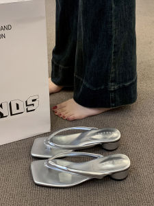 Silver Thick Heel Womens Sandals Open-Toe Casual Slip-On Summer French Style Small Cool Mules PU Material Rubber Sole